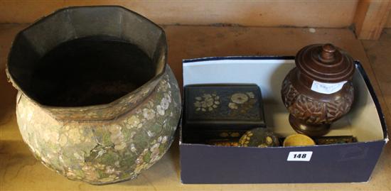 Indian carved wooden box & cover, 4 items of Indian lacquer ware, Chinese cloissone match box cover